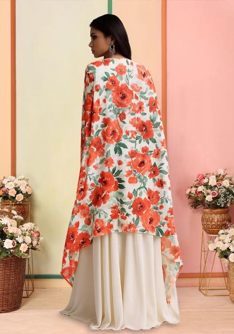 White Printed Crepe Lehenga Set