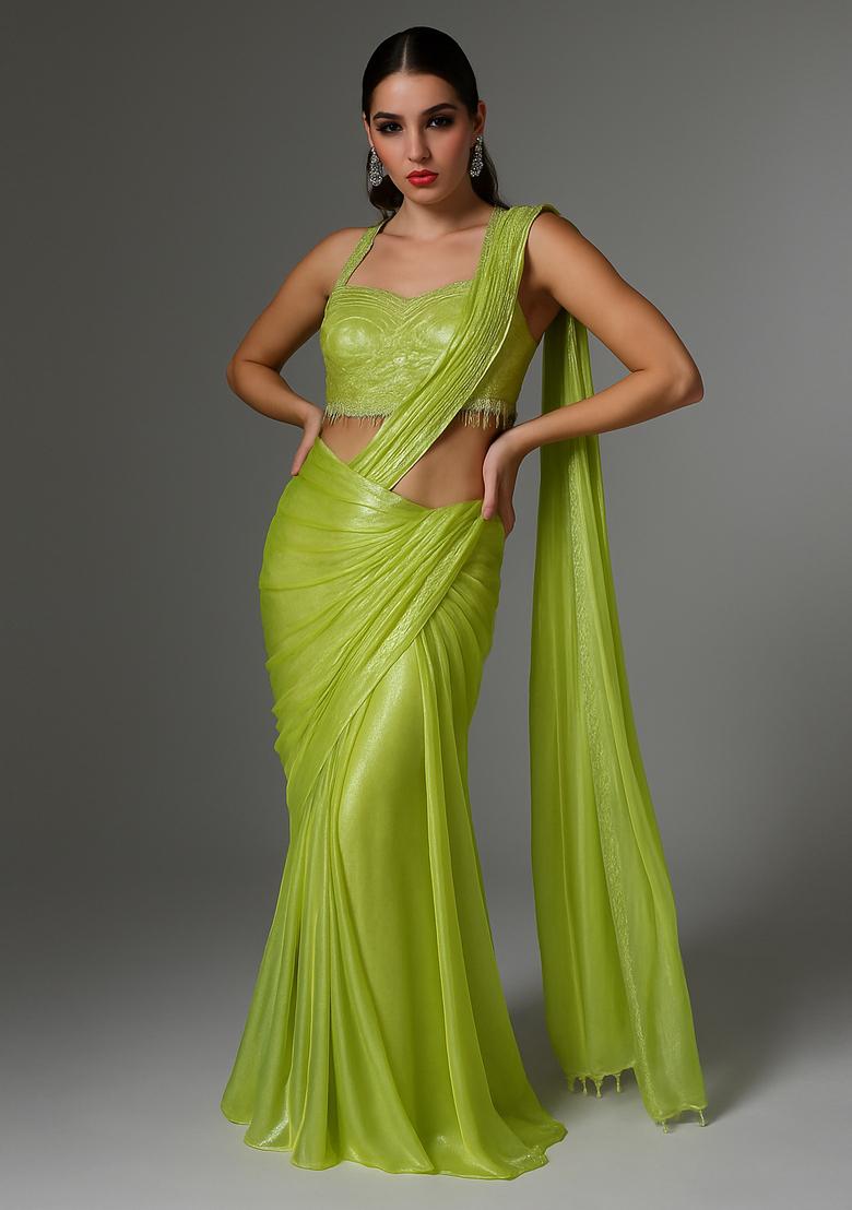 Lime Green Solid Organza Pre Draped Saree Set