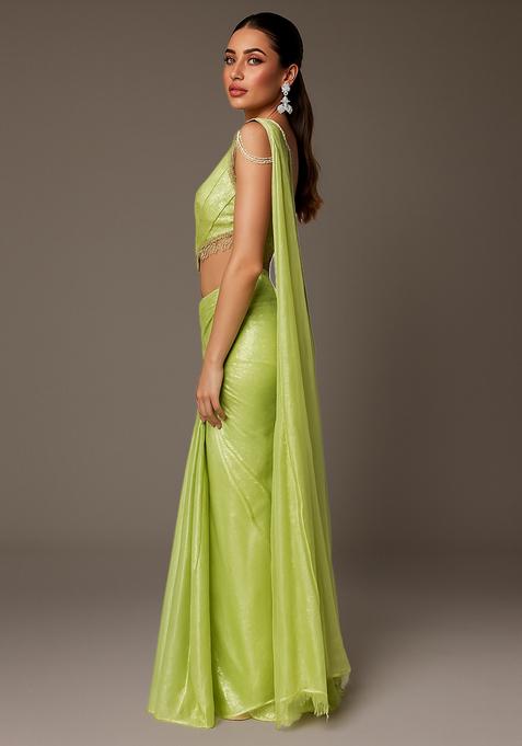 Lime Green Solid Organza Pre Draped Saree Set