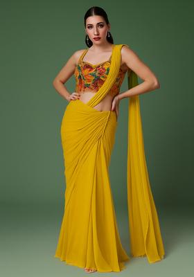 Yellow Embroidered Blouse Organza Pre Draped Saree Set