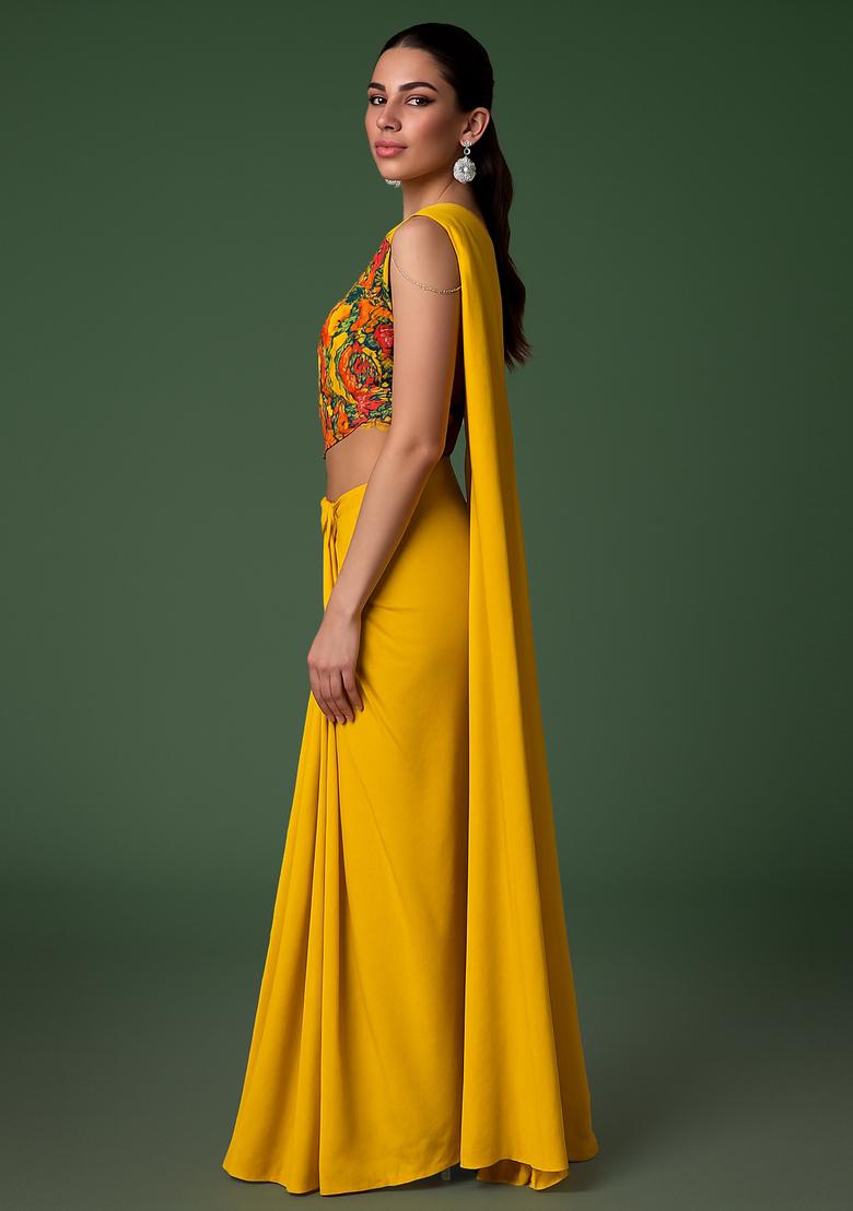 Yellow Embroidered Blouse Organza Pre Draped Saree Set