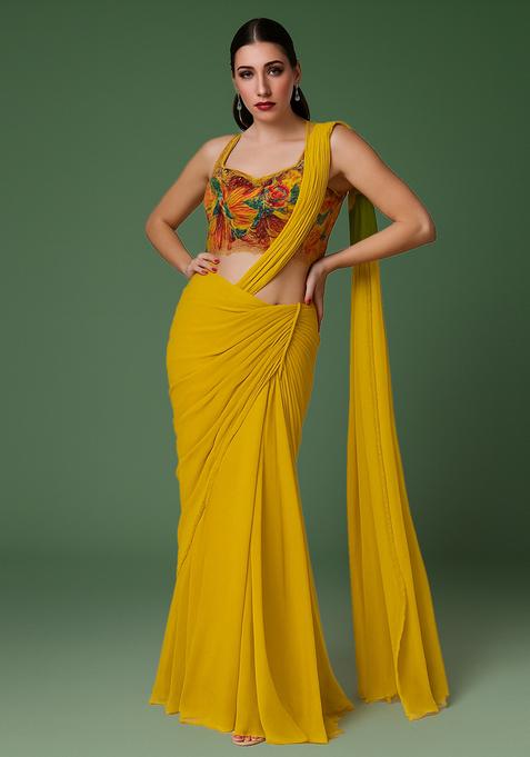 Yellow Embroidered Blouse Organza Pre Draped Saree Set