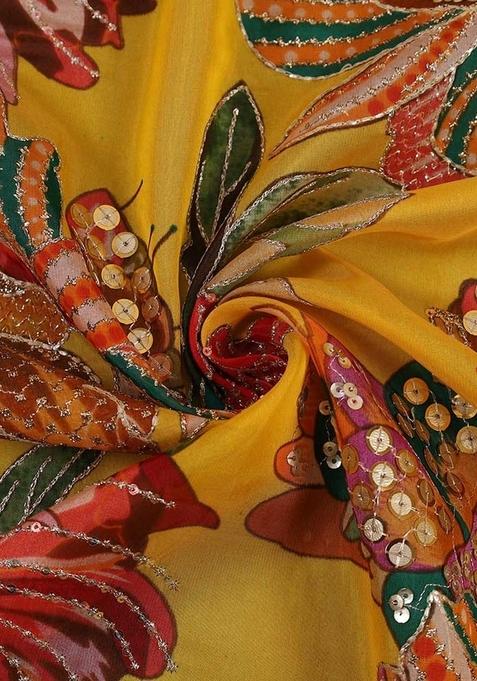 Yellow Embroidered Blouse Organza Pre Draped Saree Set