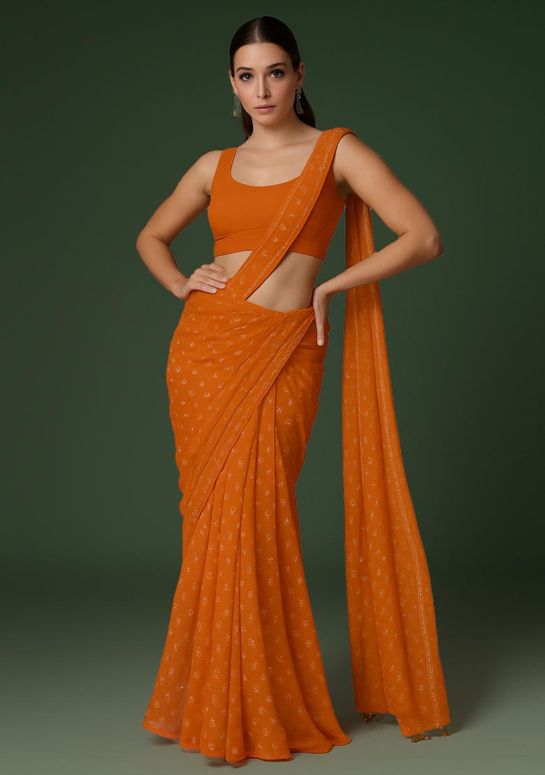 Orange Printed Organza Pre Draped Saree Set