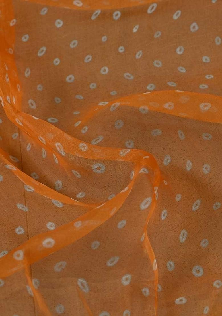 Orange Printed Organza Pre Draped Saree Set
