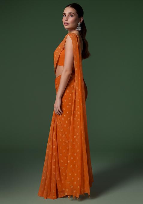 Orange Printed Organza Pre Draped Saree Set