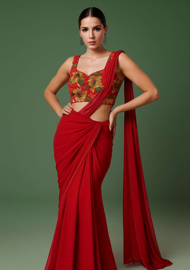 Red Embroidered Blouse Oragnza Pre Draped Saree Set - Indya