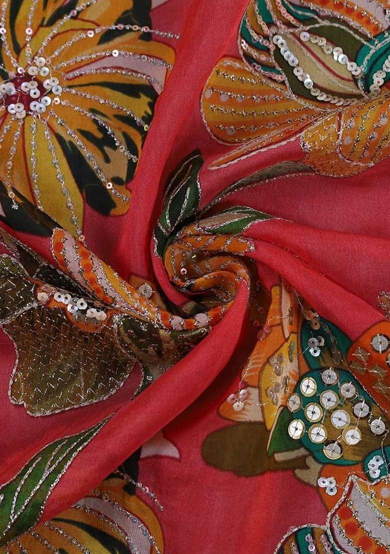 Red Embroidered Blouse Oragnza Pre Draped Saree Set - Indya