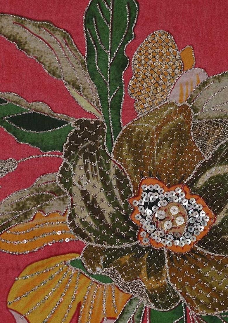 Red Embroidered Organza Pre Draped Saree Set - Indya