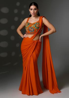 Red Embroidered Oragnza Saree Set