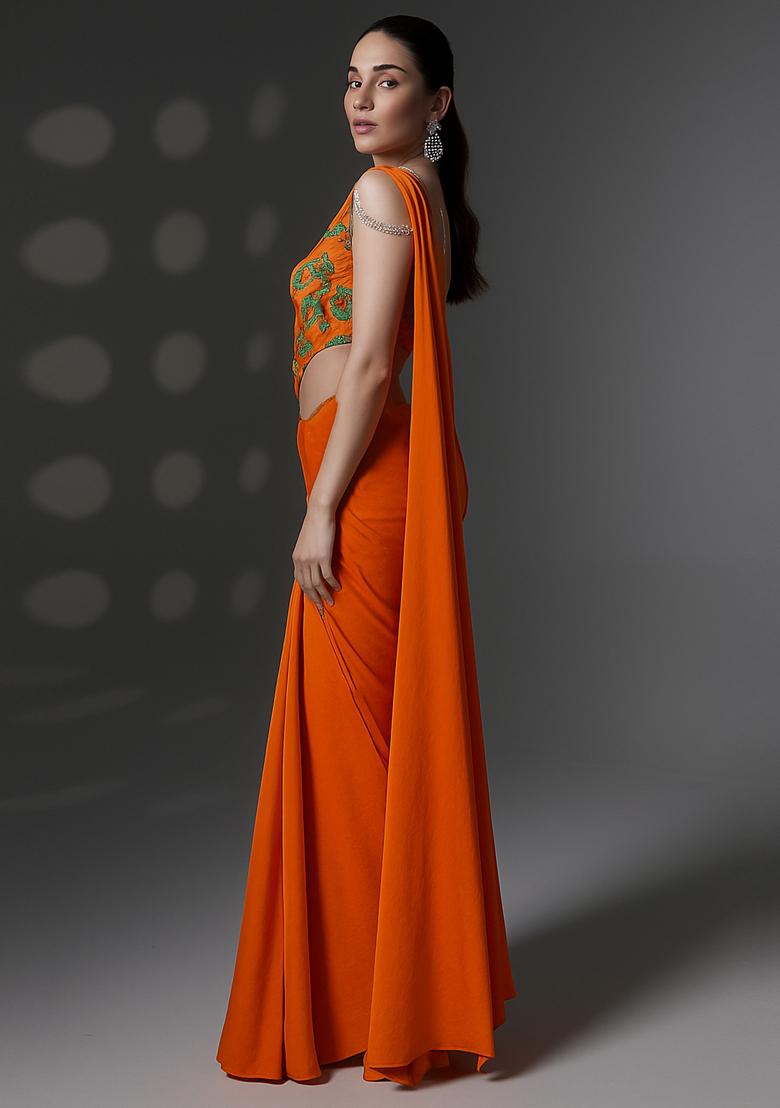 Red Embroidered Oragnza Saree Set - Indya