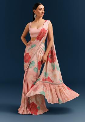 Pink Printed Satin Pre Draped Saree Set