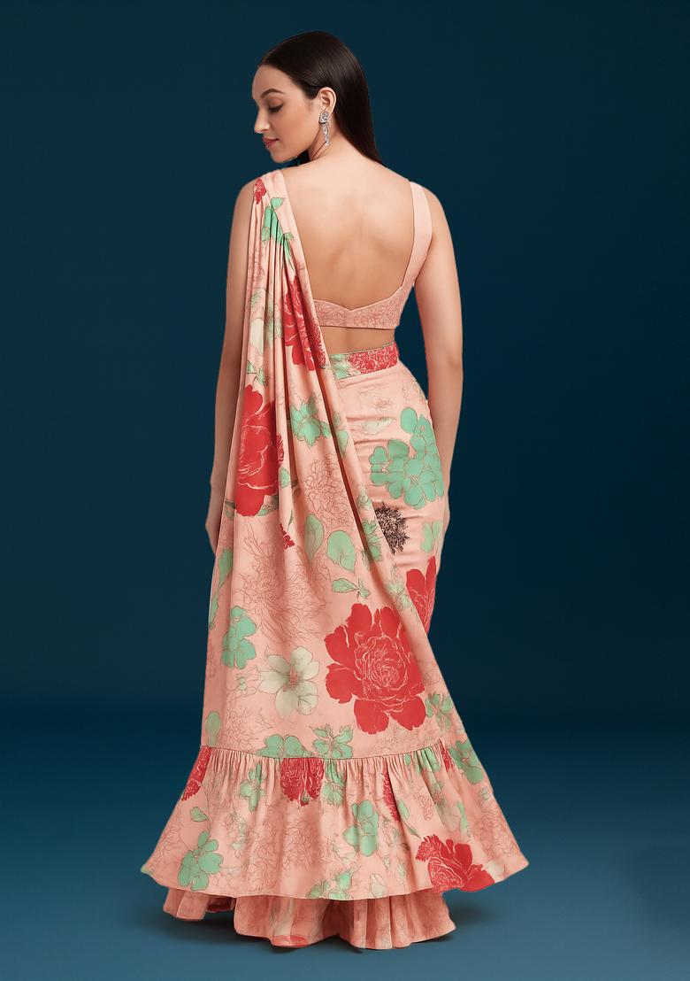 Pink Printed Satin Pre Draped Saree Set - Indya