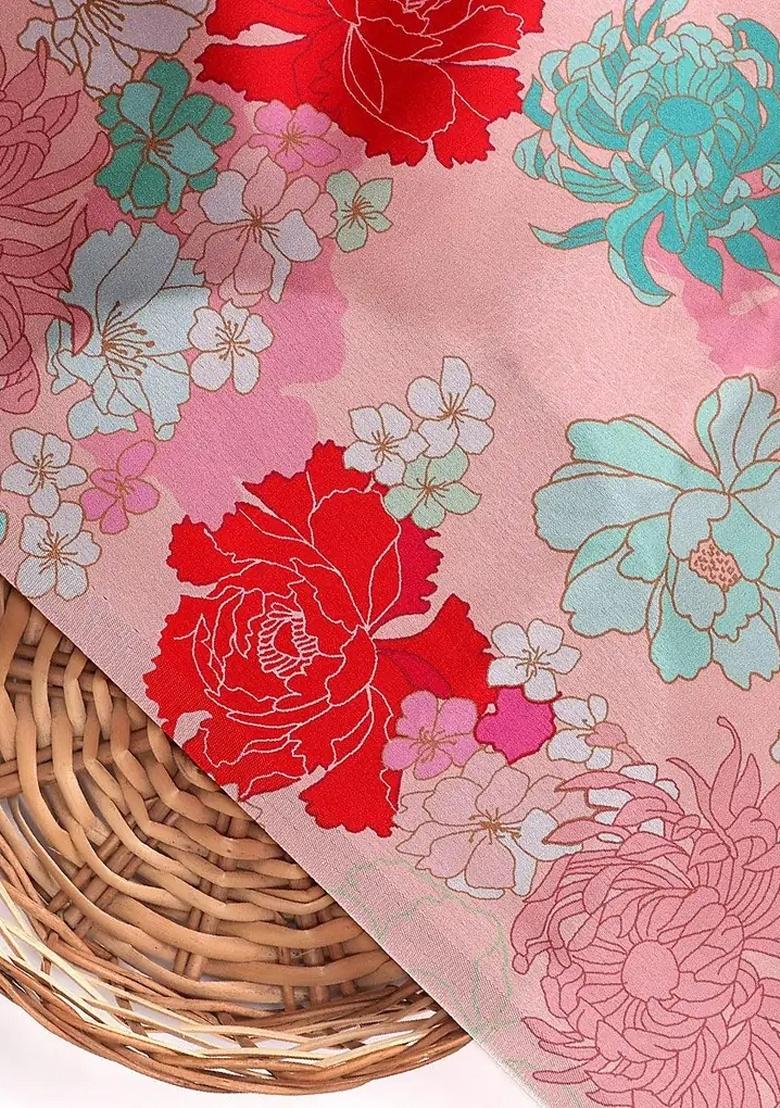 Pink Printed Satin Pre Draped Saree Set - Indya