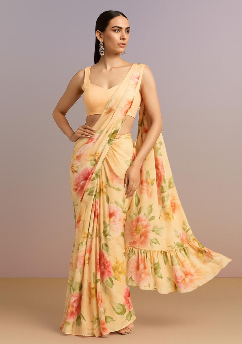 Peach Printed Rayon Pre Draped Saree