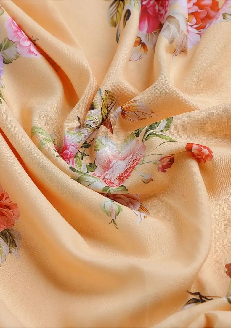 Peach Printed Rayon Pre Draped Saree