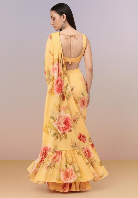 Peach Printed Rayon Pre Draped Saree