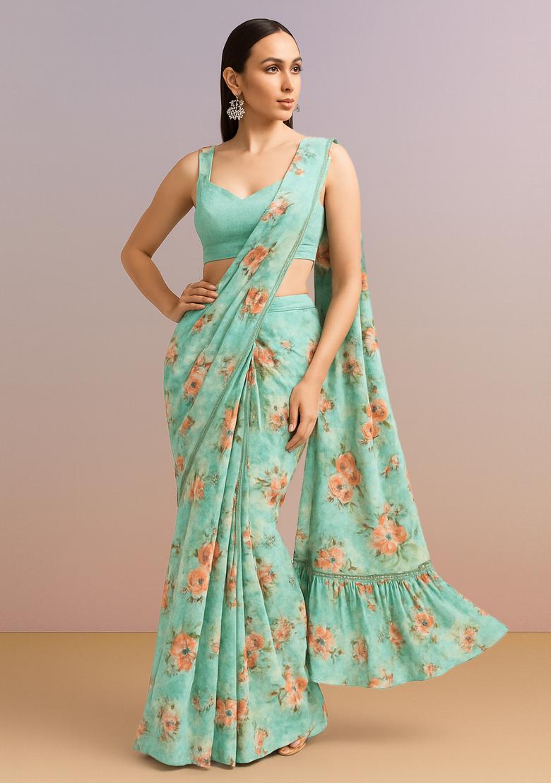 Blue Printed Silk Pre Draped Saree Set