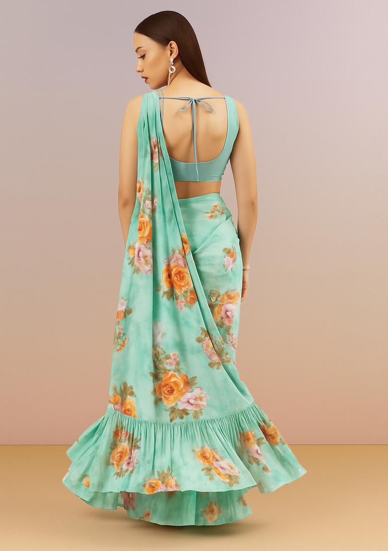 Blue Printed Silk Pre Draped Saree Set