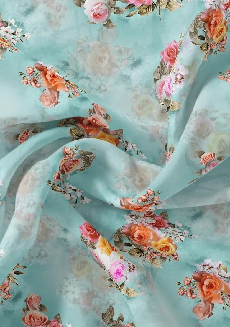 Blue Printed Silk Pre Draped Saree Set