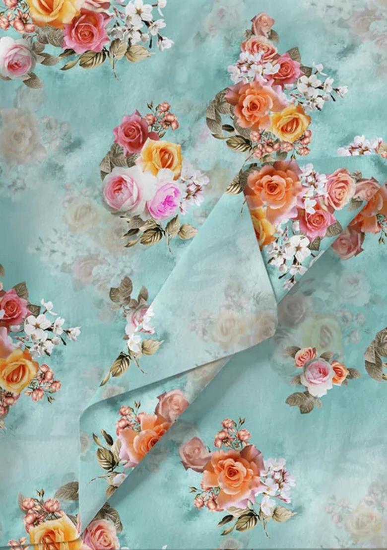 Blue Printed Silk Pre Draped Saree Set