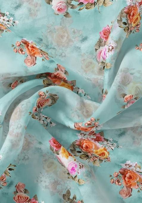 Blue Printed Silk Pre Draped Saree Set