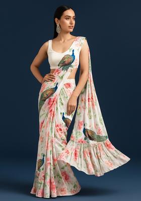 White Printed Chinon Pre Draped Saree