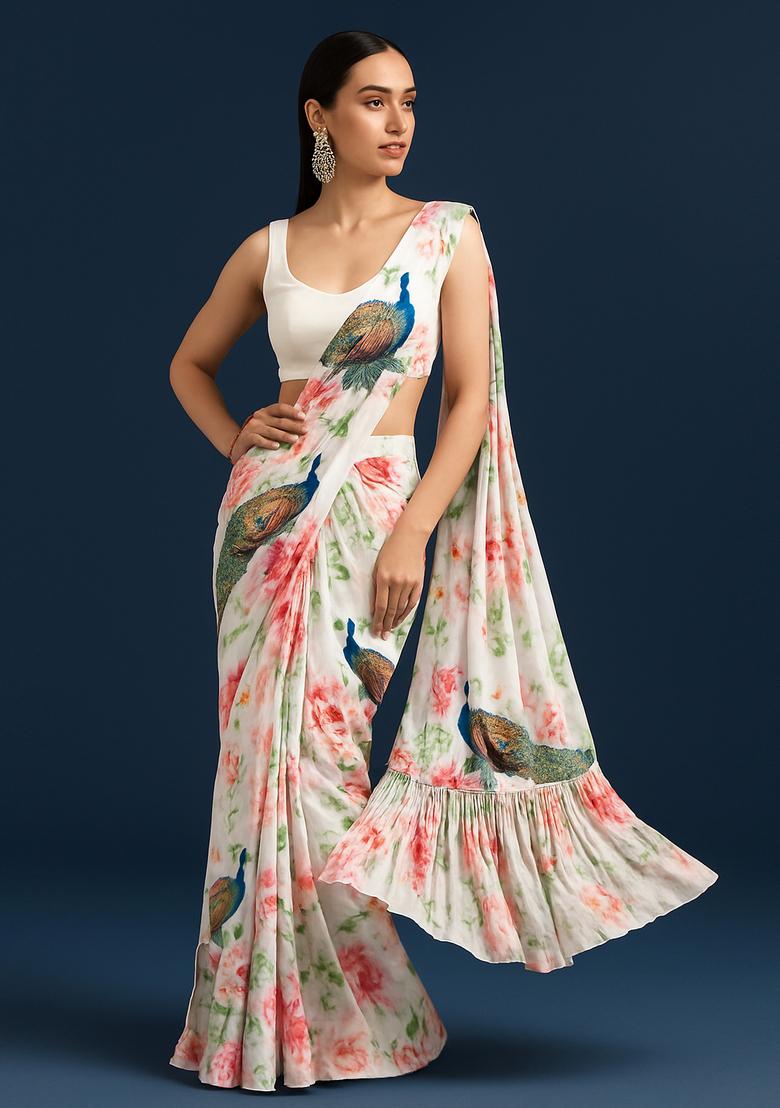 White Printed Chinon Pre Draped Saree