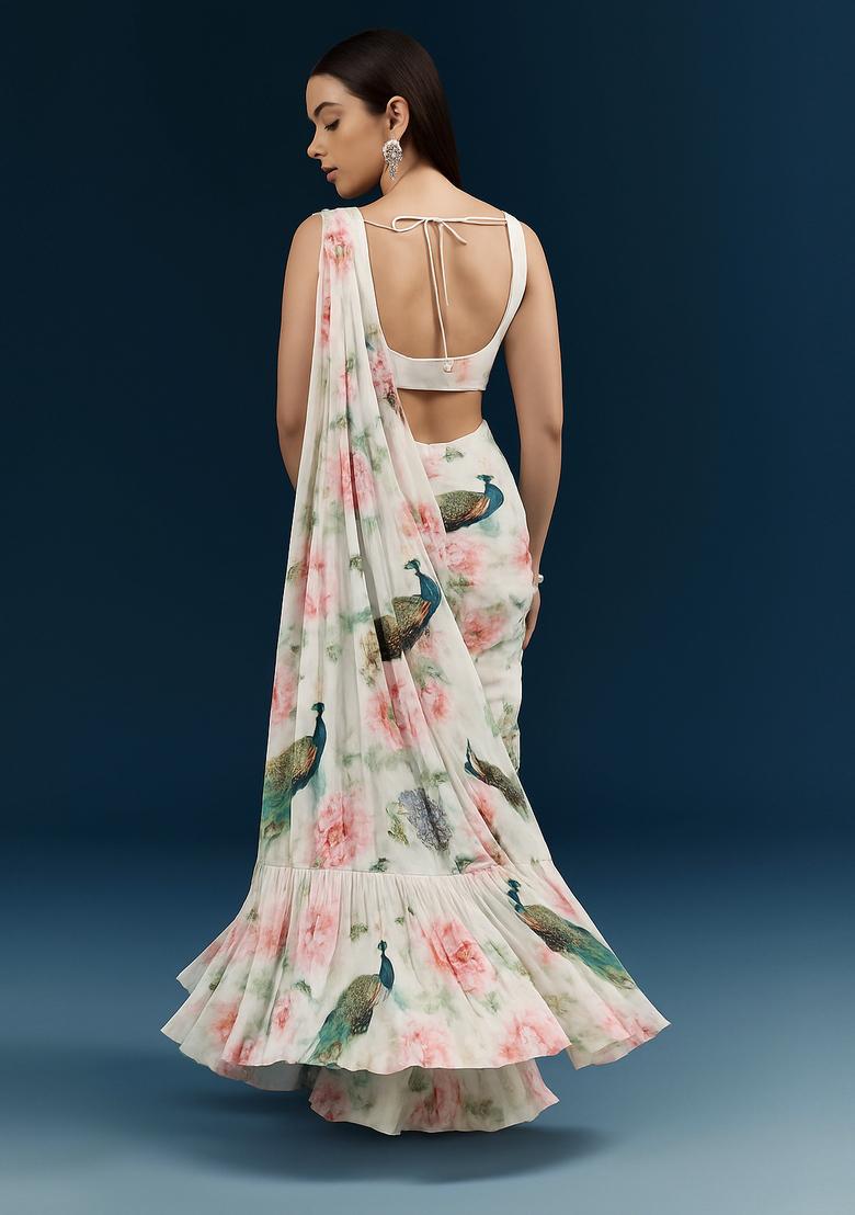 White Printed Chinon Pre Draped Saree - Indya