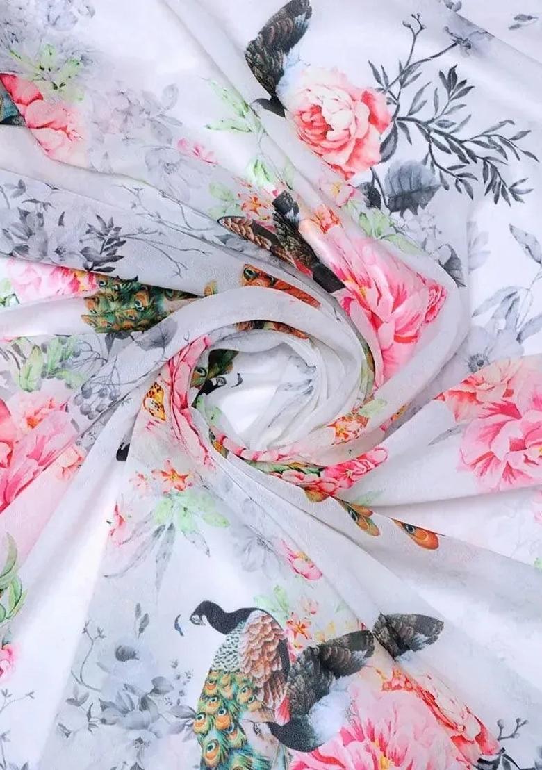 White Printed Chinon Pre Draped Saree