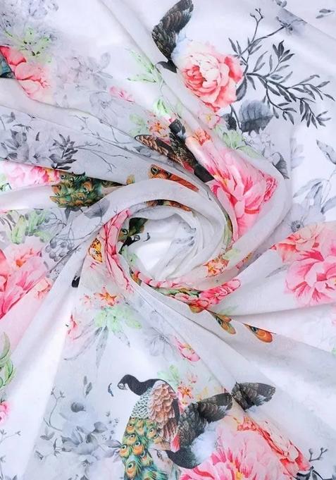 White Printed Chinon Pre Draped Saree