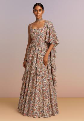 Multicolor Printed Chinon Pre Draped Saree Set