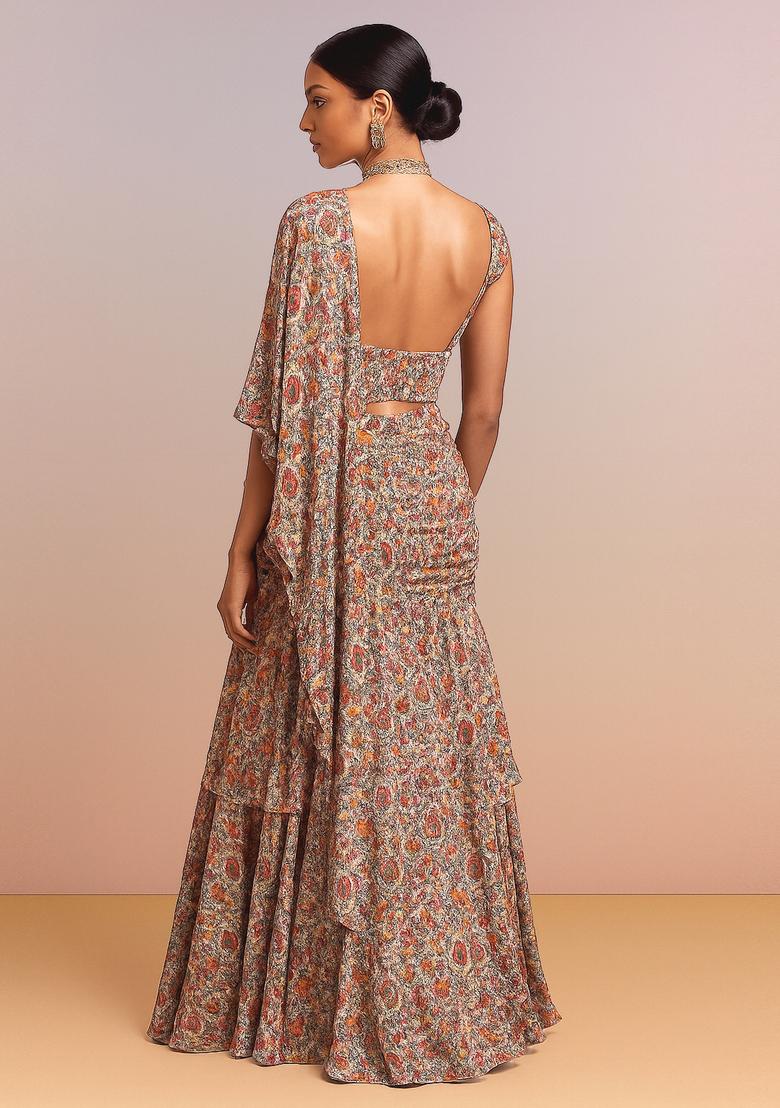 Multicolor Printed Chinon Pre Draped Saree Set - Indya