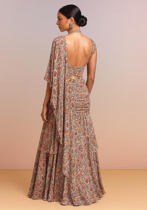 Multicolor Printed Chinon Pre Draped Saree Set