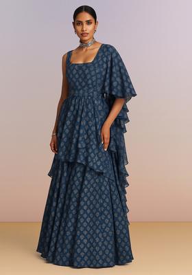 Blue Printed Chinon Pre Draped Saree Set