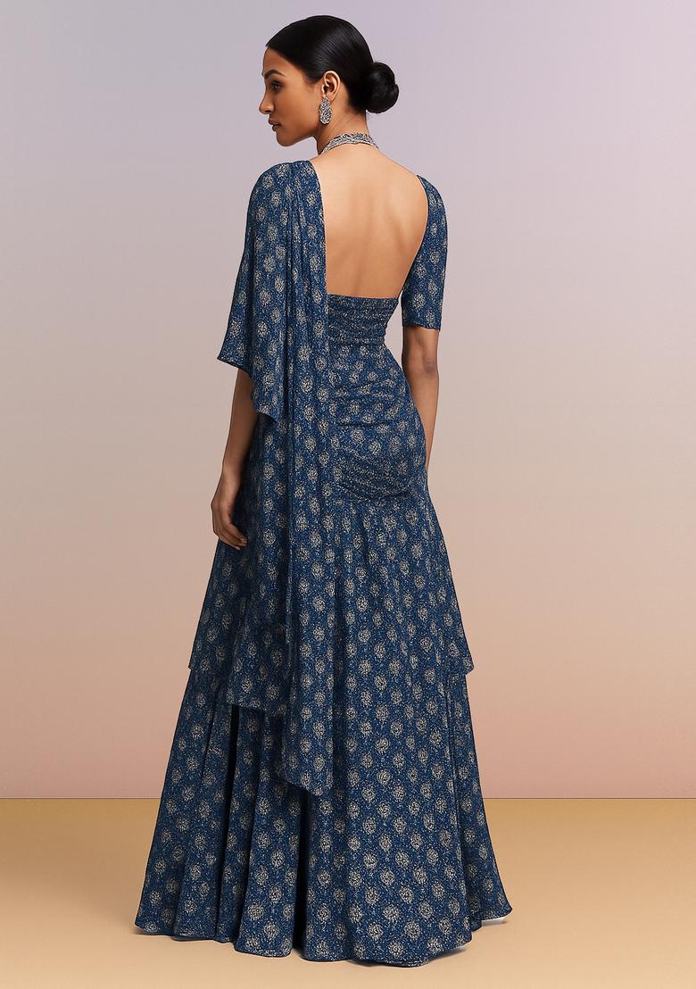 Blue Printed Chinon Pre Draped Saree Set - Indya