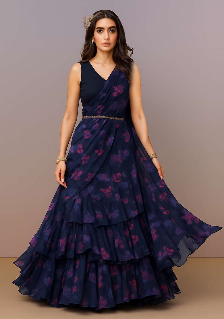 Blue Printed Chinon Pre Draped Saree Set - Indya