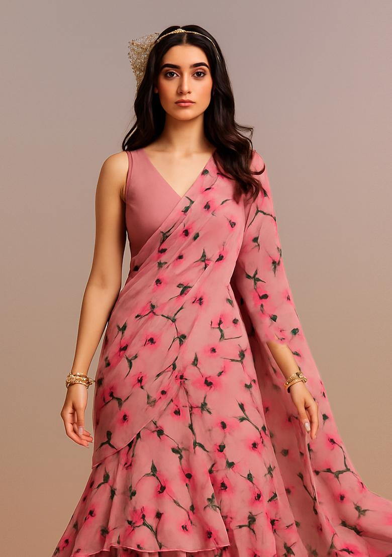 Pink Printed Silk Pre Draped Saree Set