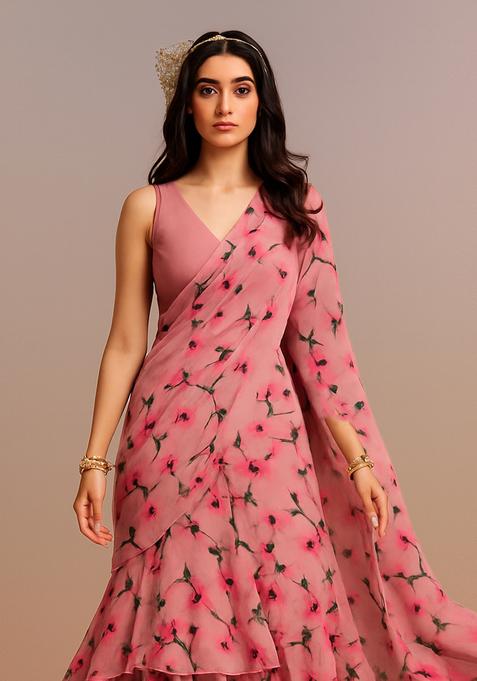 Pink Printed Silk Pre Draped Saree Set