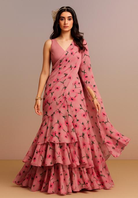 Pink Printed Silk Pre Draped Saree Set