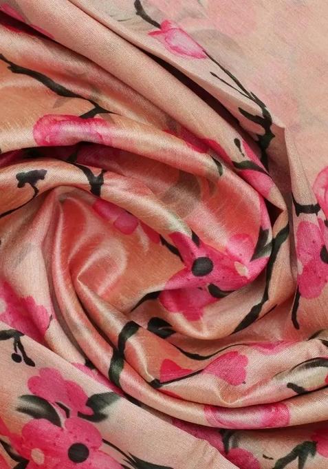 Pink Printed Silk Pre Draped Saree Set