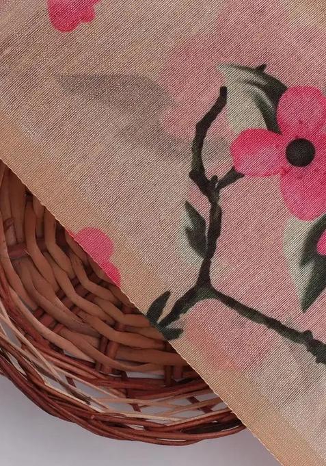 Pink Printed Silk Pre Draped Saree Set