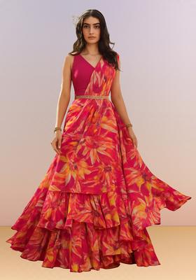 Pink Printed Satin Pre Draped Saree Set