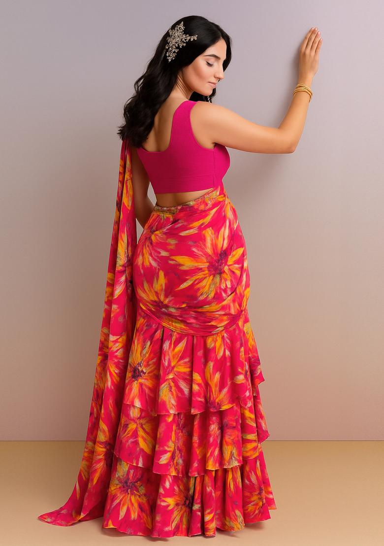 Pink Printed Satin Pre Draped Saree Set - Indya