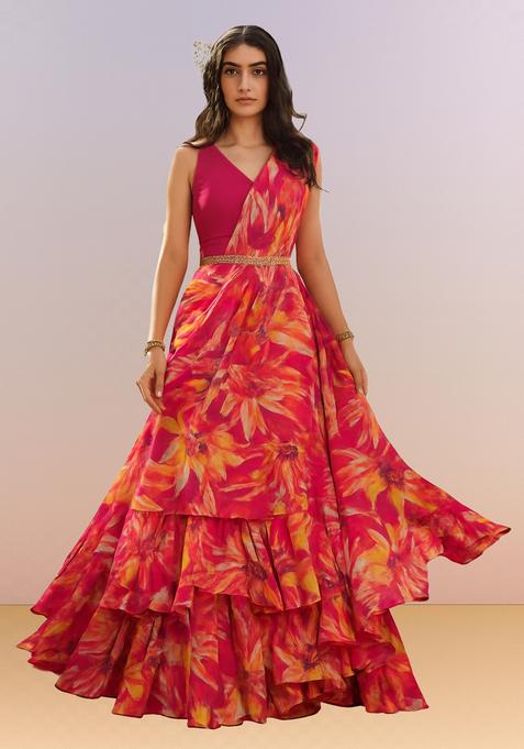 Pink Printed Satin Pre Draped Saree Set