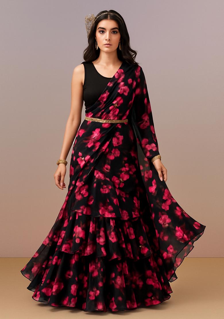 Black And Pink Printed Georgette Pre Draped Saree Set