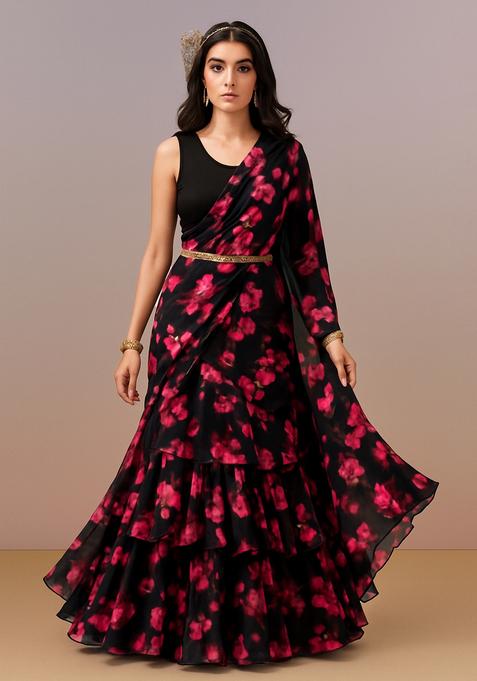 Black And Pink Printed Georgette Pre Draped Saree Set