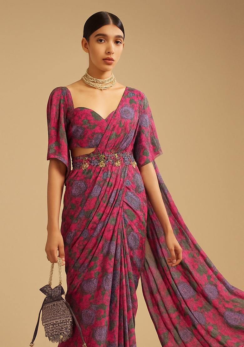 Multicolor Printed Rayon Pre Draped Saree Set - Indya