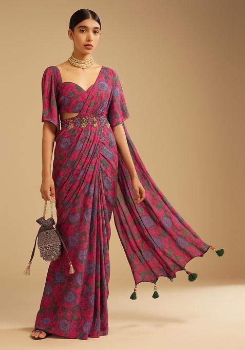 Multicolor Printed Rayon Pre Draped Saree Set