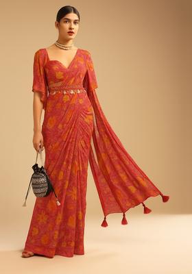 Pink Printed Georgette Pre Draped Saree Set